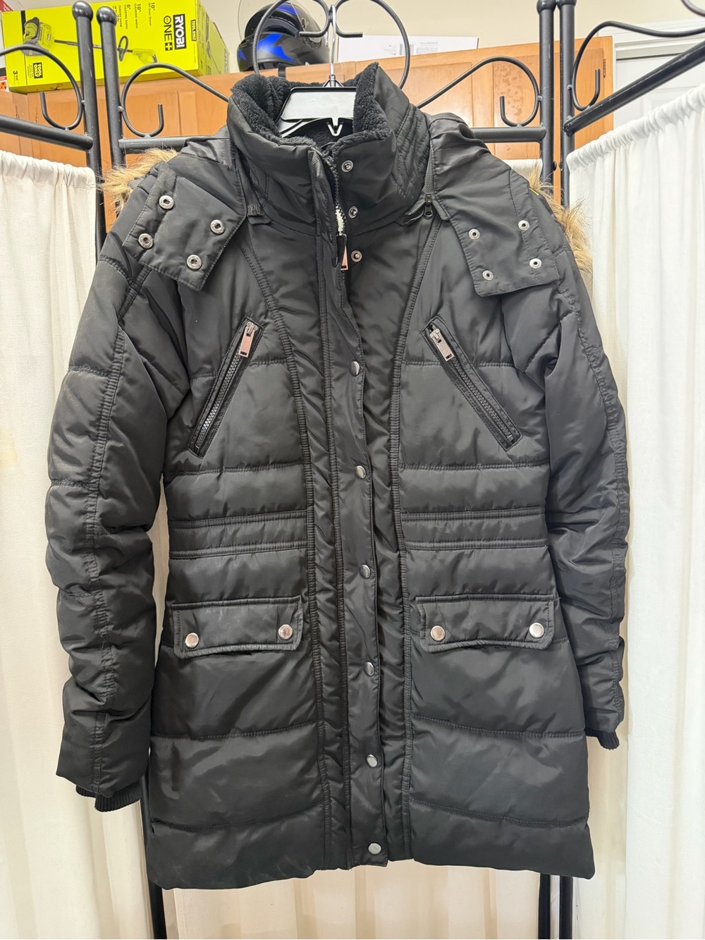 Manguun Black Long Puffer Coat Size 36 Faux Fur Hood Winter Jacket